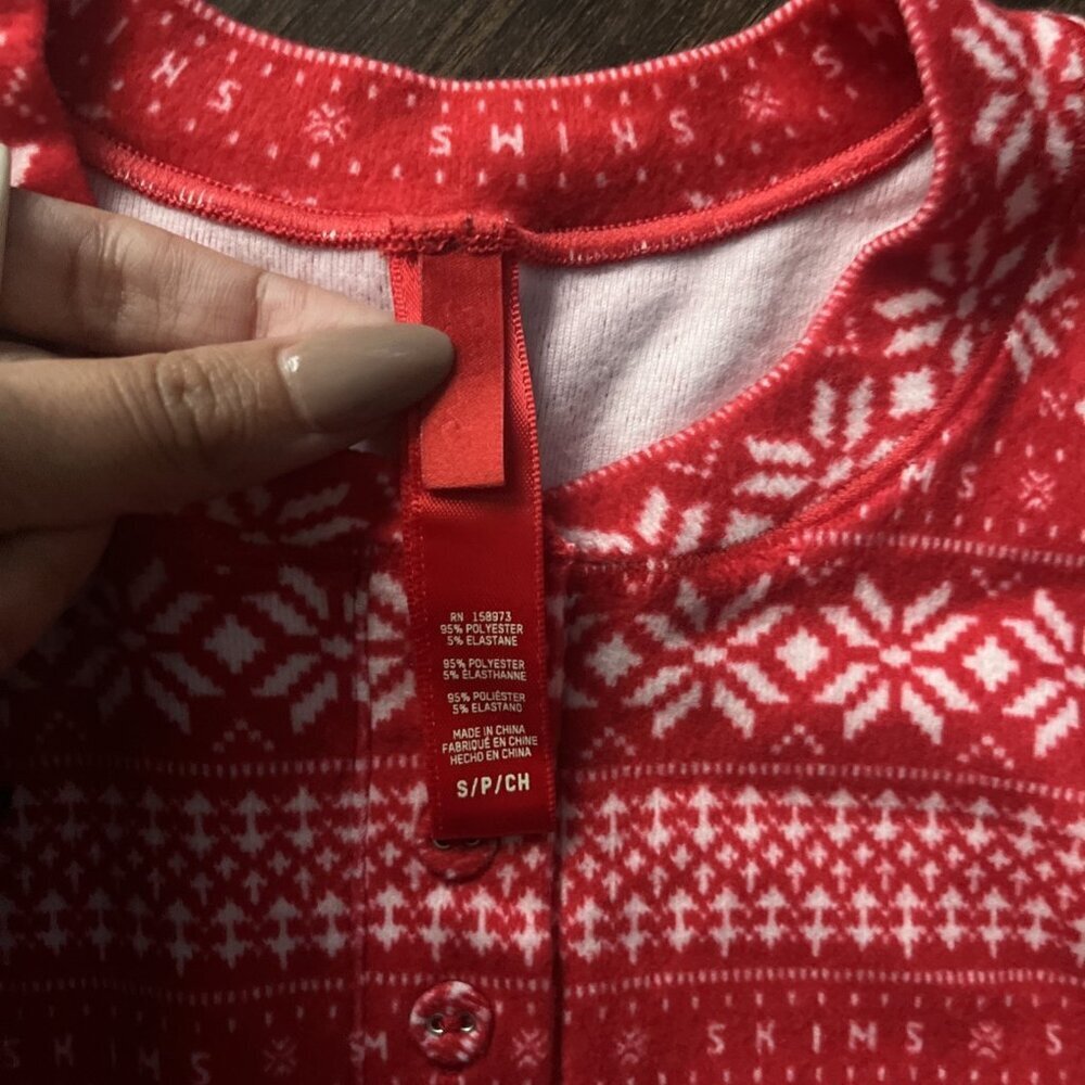 SKIMS Logo Plush HOLIDAY Pajama Red Deer Fair Isle Long Sleeve Soft Size Small - Picture 3 of 5